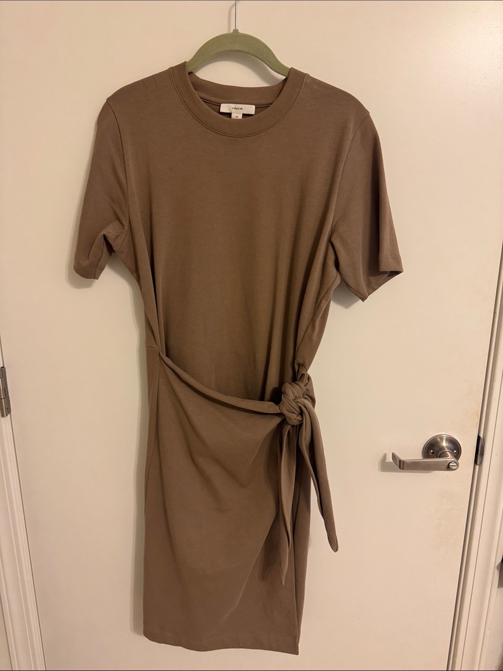 Vince Taupe Knot-Waist Short Sleeve Midi Dress